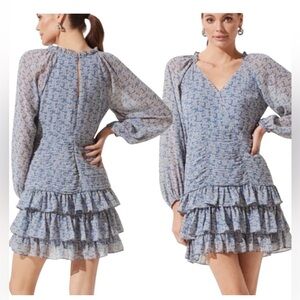 Astr Printed Blue Floral Ruffle Long-Sleeve Wrap Dress